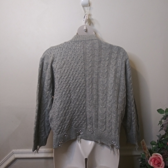 Zara Gray Cable Rhinestone Studded, Distressed Wool Blend Sweater - Picture 9 of 10